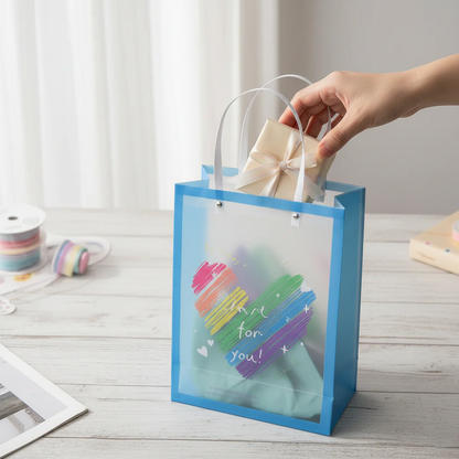 NIYO TOYS rainbow party favor bags in blue with heart design, perfect for gifts and celebrations.