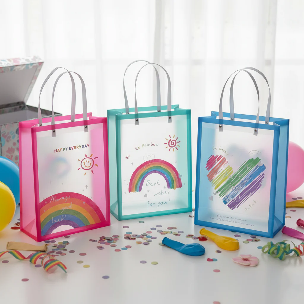 NIYO TOYS colorful rainbow party favor bags featuring cheerful designs in pink, blue, and teal