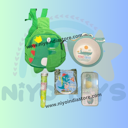 NIYO TOYS green rakhi hamper featuring playful dinosaur-themed items for kids, ideal for celebrations