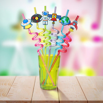 Colorful reusable cocktail straws with space-themed toppers, perfect for ages 3 and up, ideal for birthday parties