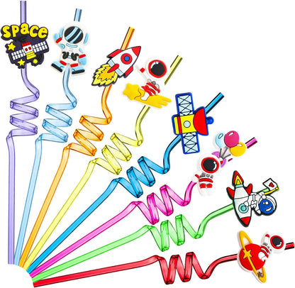 Colorful space-themed reusable cocktail straws for ages 3 and up, perfect for parties and fun drinks
