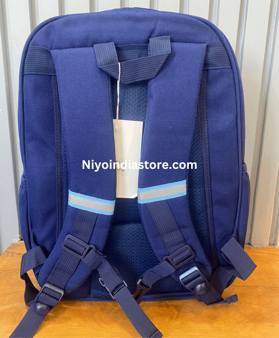 Navy blue NIYO TOYS school bag designed for kids with adjustable straps and padded back for comfort