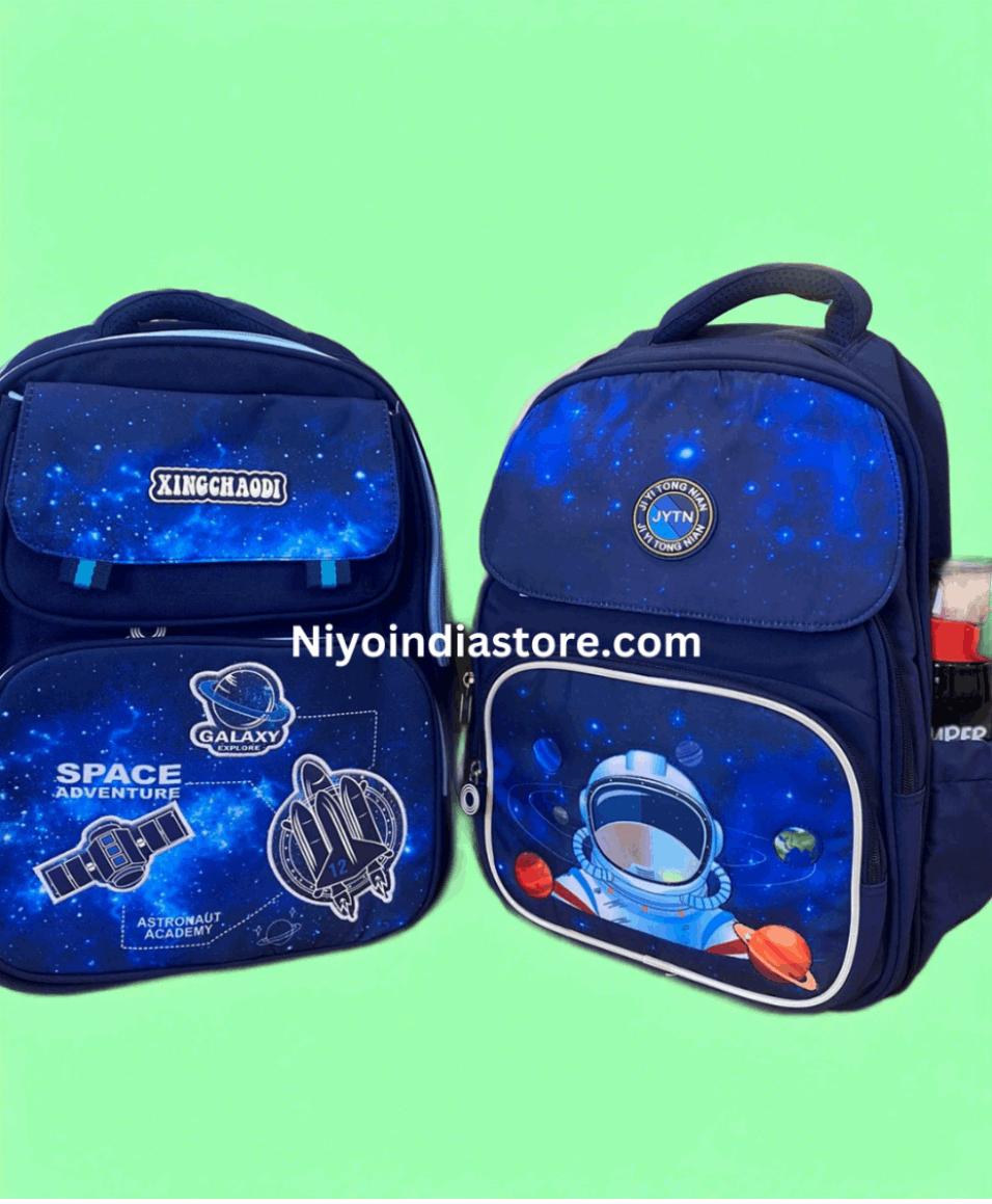 Niyo Toys navy blue school bag featuring space adventure design, suitable for kids aged 5 and up
