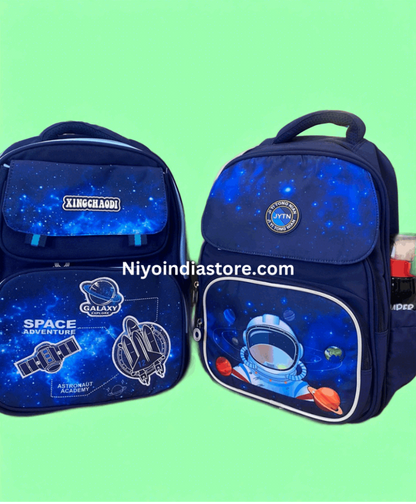 Niyo Toys navy blue school bag featuring space adventure design, suitable for kids aged 5 and up
