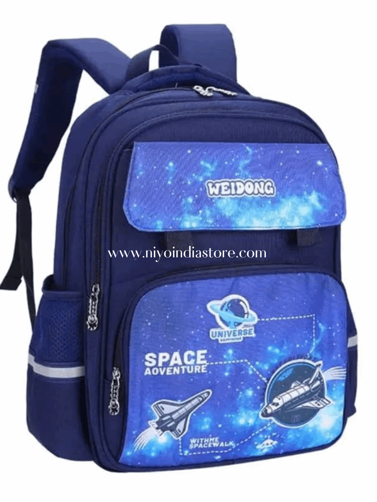 Navy blue NIYO TOYS school bag with space adventure design, ideal for kids age 6 and up