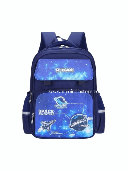 Blue NIYO TOYS school bag with space adventure design, perfect for kids aged 5 and up