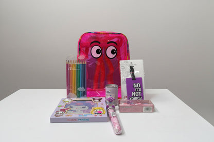 Pink NIYO TOYS hamper filled with school supplies for kids, ages 5 and up, ideal for organizing back-to-school items