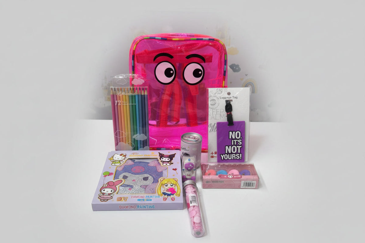 Pink NIYO TOYS hamper filled with colorful school supplies for kids aged 5 and up