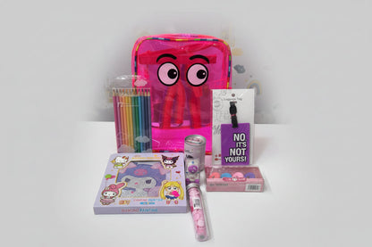 Pink NIYO TOYS hamper filled with colorful school supplies for kids aged 5 and up