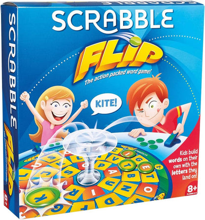 Scrabble Flip board game for ages 8 and up, featuring colorful letters and fun action gameplay