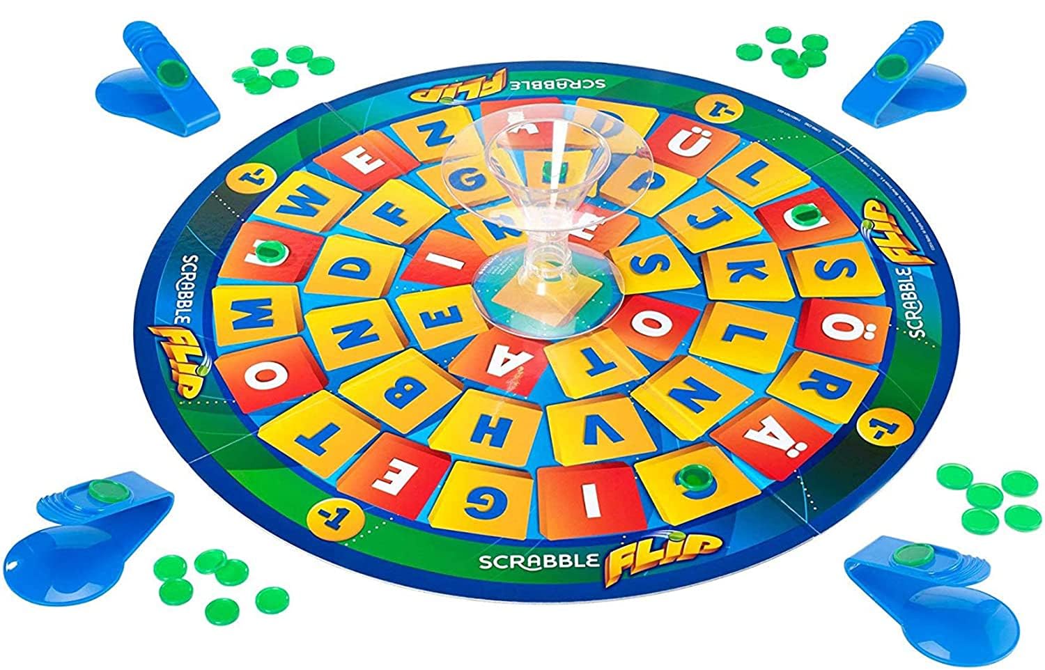 Scrabble Flip Board Game in vibrant colors for ages 8+, fast-paced word-building fun for family and friends