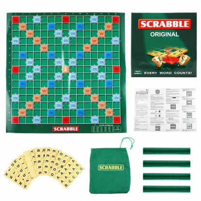 NIYO TOYS mini Scrabble board game with green board, letter tiles, tile racks, and instruction booklet