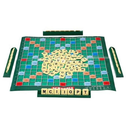 NIYO TOYS mini Scrabble board game with letter tiles and four tile racks on green game board