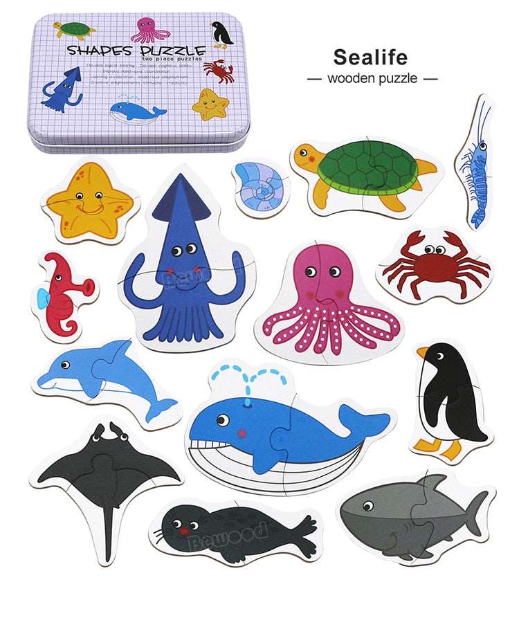 Colorful sealife wooden puzzle for infants, featuring various ocean animals, ideal toy for infant development