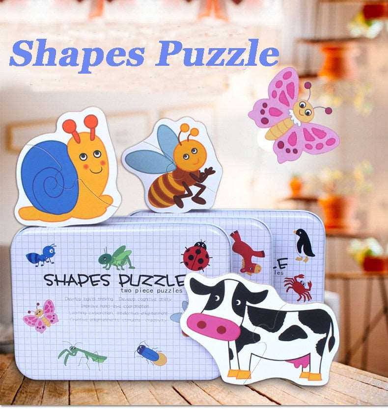 Colorful shapes puzzle for infants, featuring animals and insects, promotes developmental play for ages 1 and up.