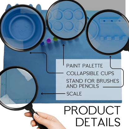 Silicone art mat for kids featuring paint palette, collapsible cups, and brush stand