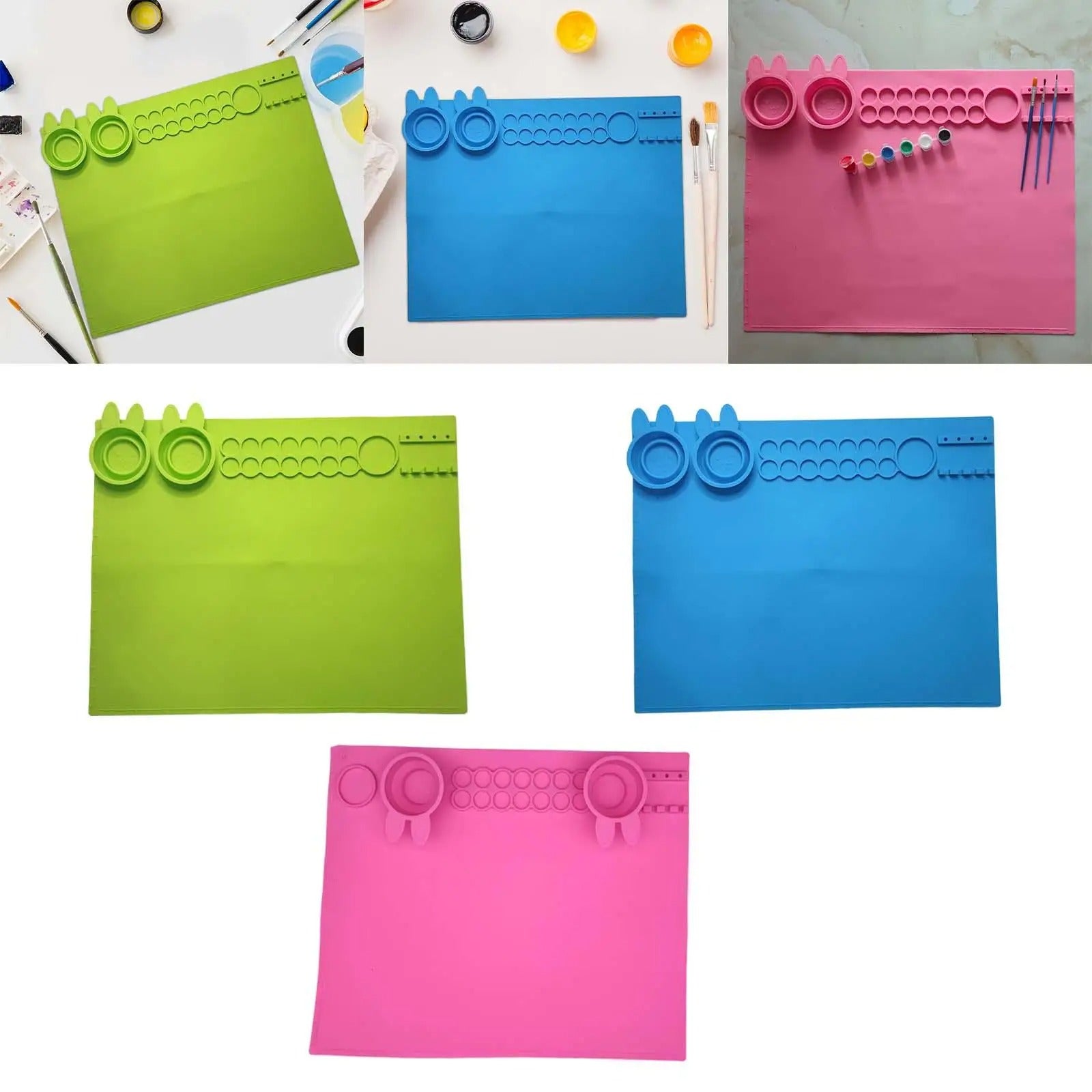 Colorful silicone art mat for kids in green, blue, pink with compartments for creative activities