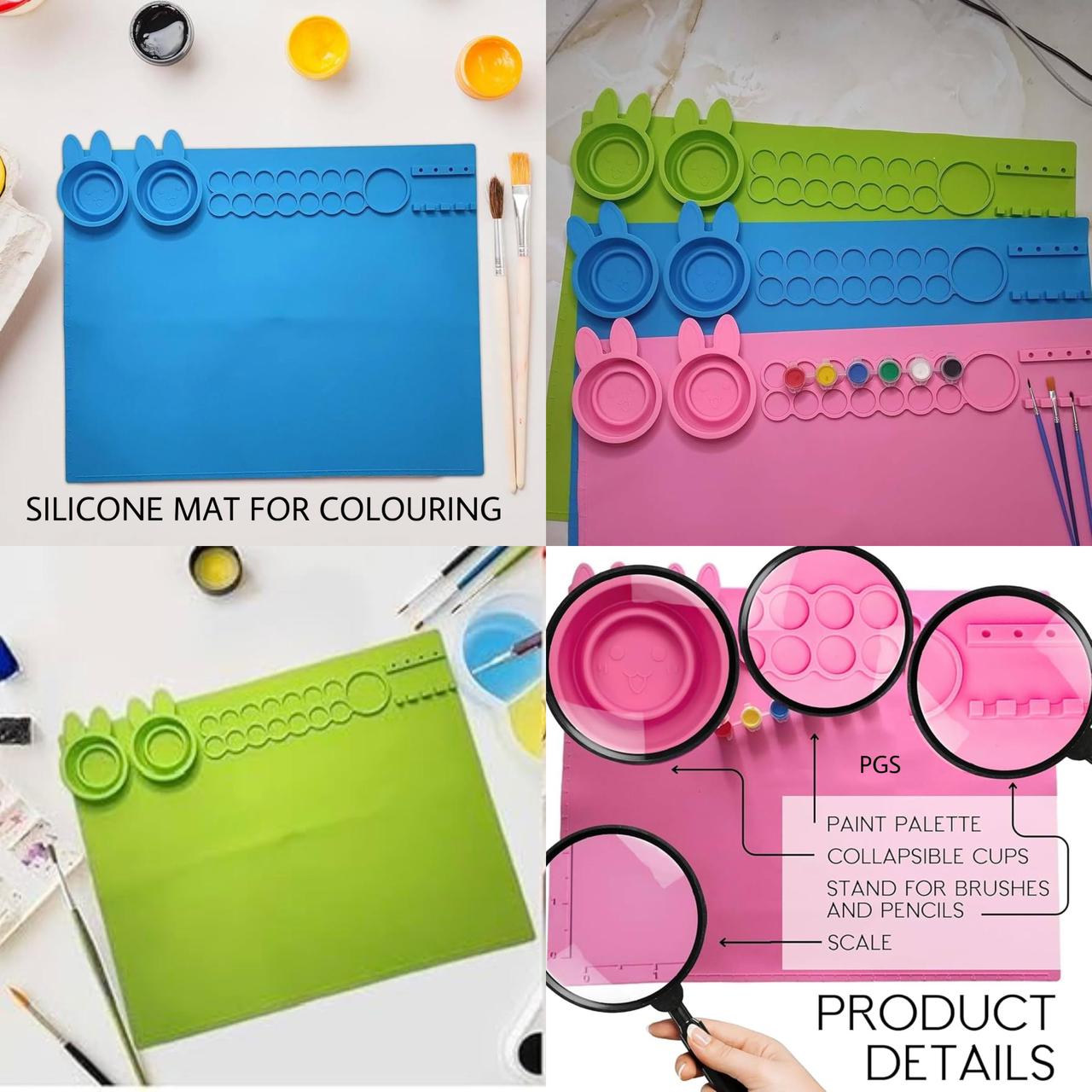 Silicone art mat for kids in blue, pink, and green with compartments for coloring supplies