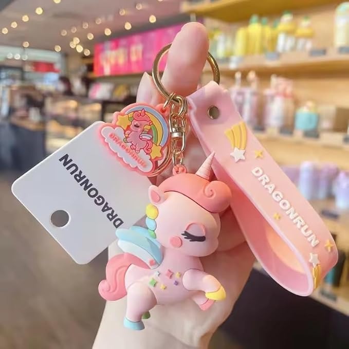 Cute pink unicorn keychain with silicone strap, perfect for kids and fun return gifts