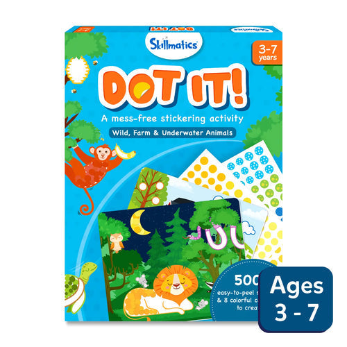 Skillmatics Dot It! sticker activity for ages 3-7 featuring wild, farm, and underwater animals on animals