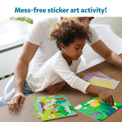 Mess-free sticker art activity for kids featuring colorful animals on animals design, suitable for ages 3 and up