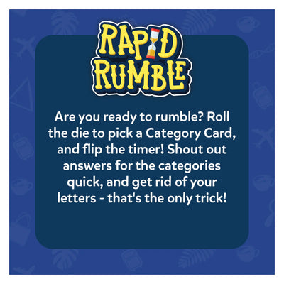 Rapid Rumble board game games for ages 8 and up, featuring fast-paced category challenges and a timer