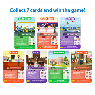 Colorful game card spider set for ages 6 and up, featuring various themed cards for educational play