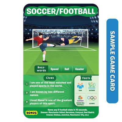 Game card spider themed soccer trivia for kids age 6+, features soccer facts and clues