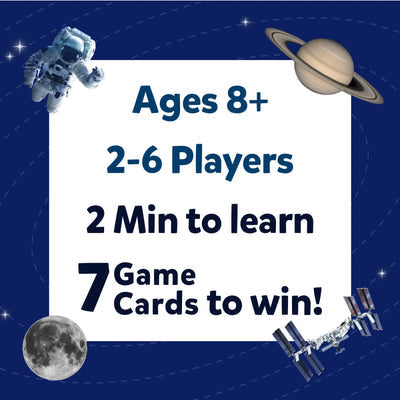 Music trivia card game for ages 8+, designed for 2-6 players, only 2 minutes to learn and 7 game cards to win