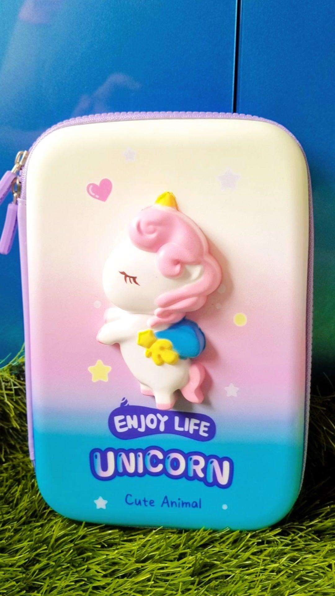 Colorful pencil case for kids featuring a unicorn design, perfect for Smiggle-inspired stationery