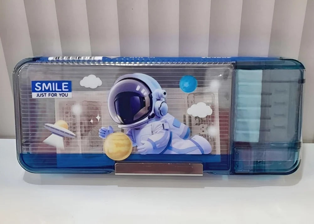 Blue astronaut pencil case for kids, ideal for school use, age 5 and up, featuring fun space design