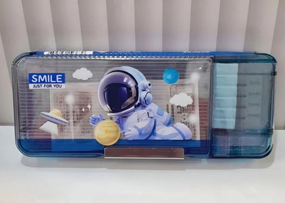 Blue astronaut pencil case for kids, ideal for school use, age 5 and up, featuring fun space design