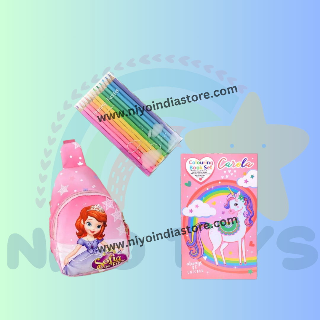 Pink Sofia the First backpack, colour combo for pink with coloring book set and markers for kids age 3+