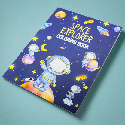 Space and unicorn coloring book for kids featuring astronauts and planets, perfect for age 3+ and creative play.