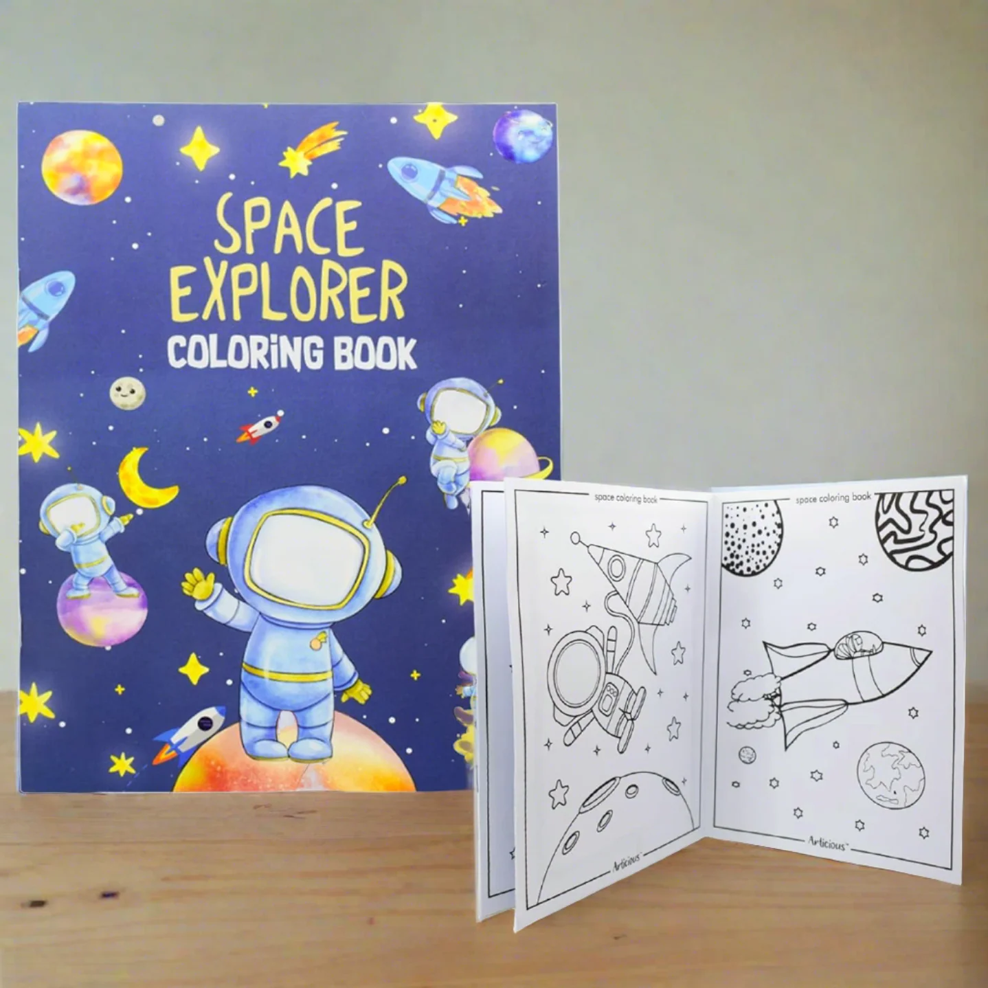 NIYO TOYS space and unicorn coloring book for kids featuring colorful illustrations of astronauts and planets