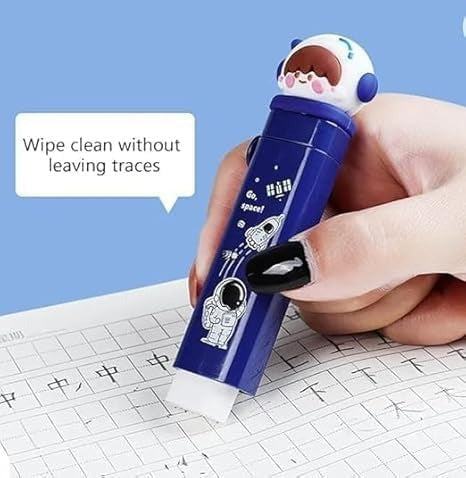 Blue space eraser shaped like an astronaut, perfect for ages 3 and up, cleans paper without residue