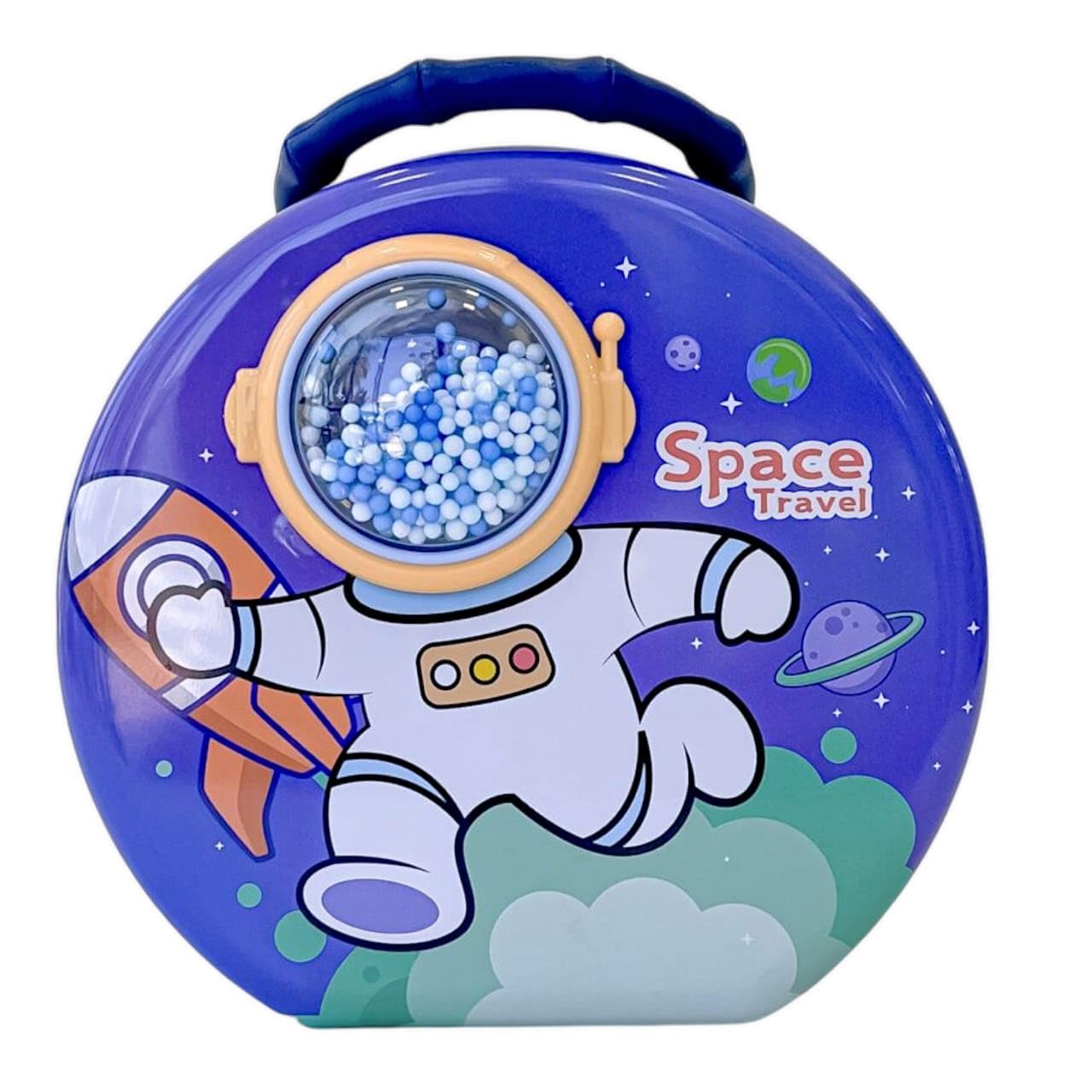 Colorful space piggy bank designed for kids with astronaut theme and planet graphics, great for ages 3+