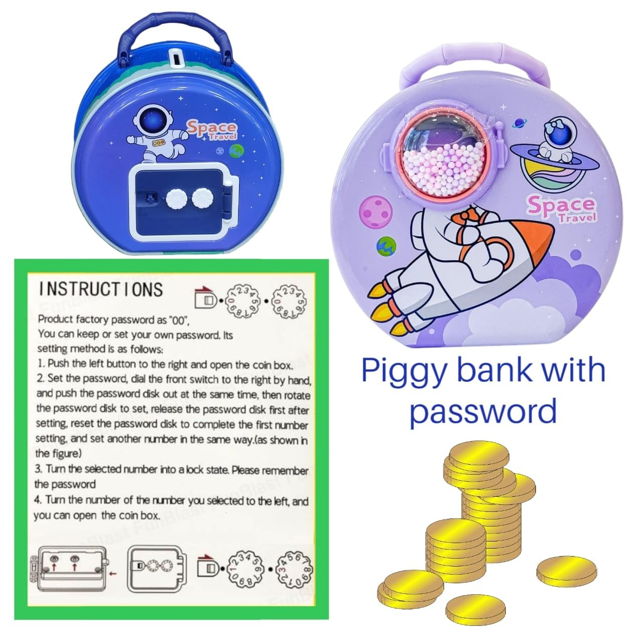 Space piggy bank in blue with rocket design, suitable for kids age 3+, features password protection