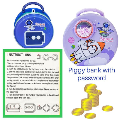 Space piggy bank in blue with rocket design, suitable for kids age 3+, features password protection
