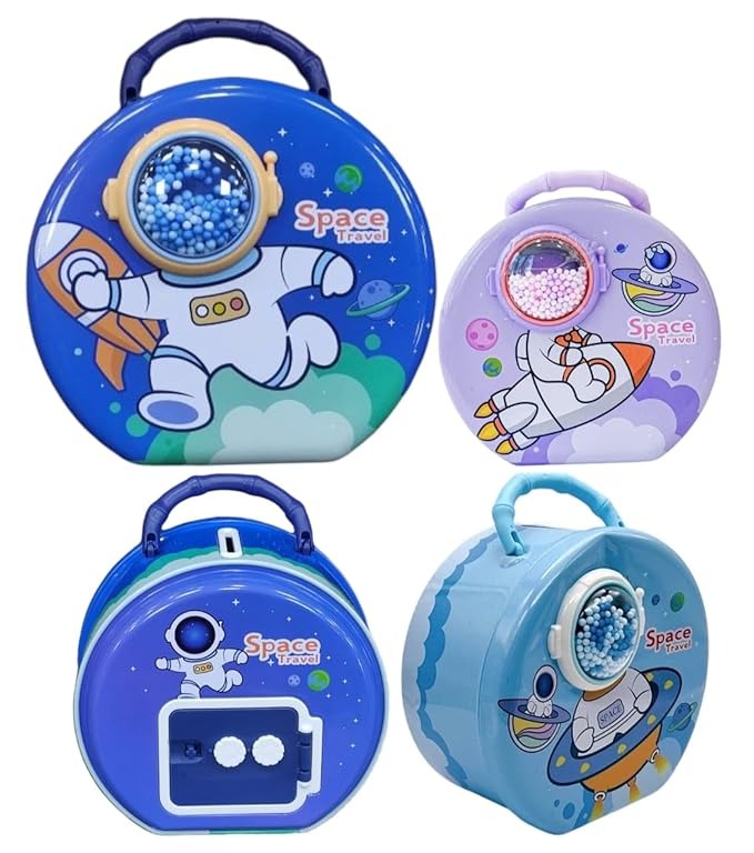 Colorful space piggy bank by NIYO TOYS designed for ages 3+, perfect for saving money with fun space theme