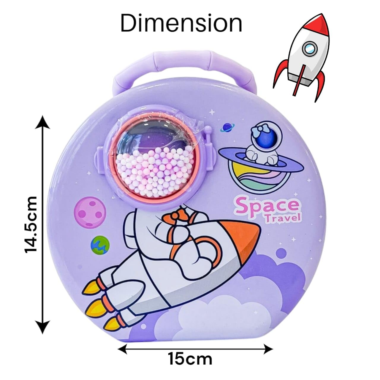 Purple space piggy bank with rocket design, ideal for kids aged 3+, great for saving money.
