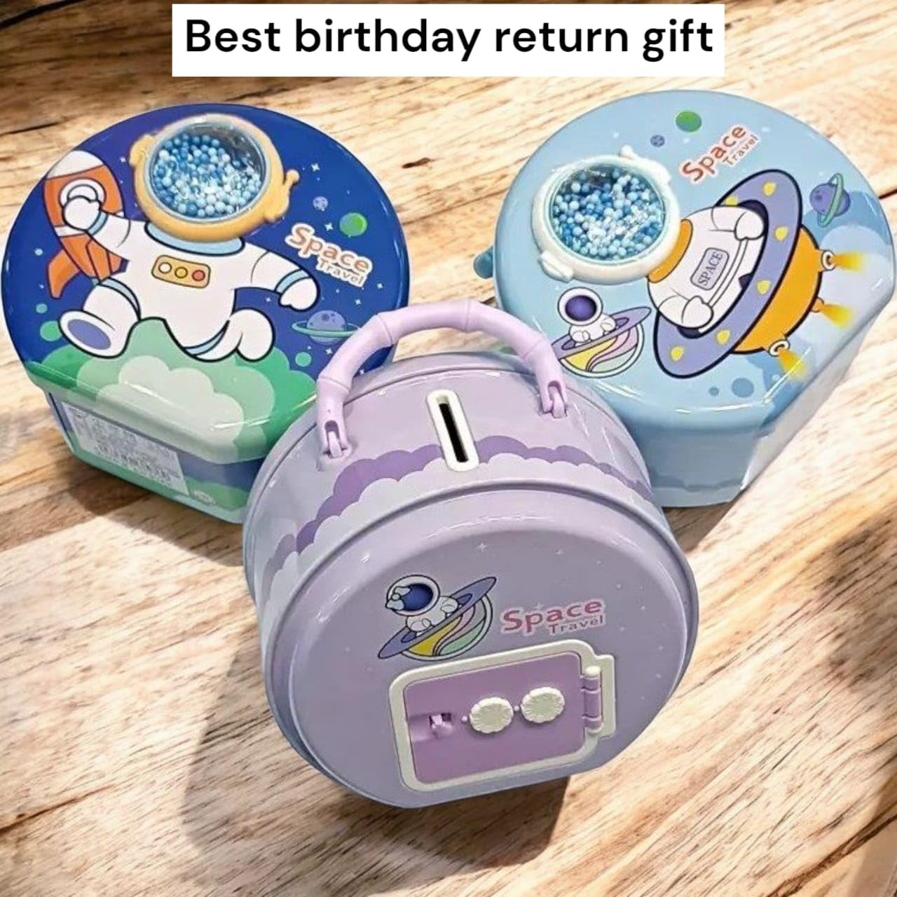 Colorful space piggy bank set for kids ages 3 and up, featuring an astronaut and UFO design