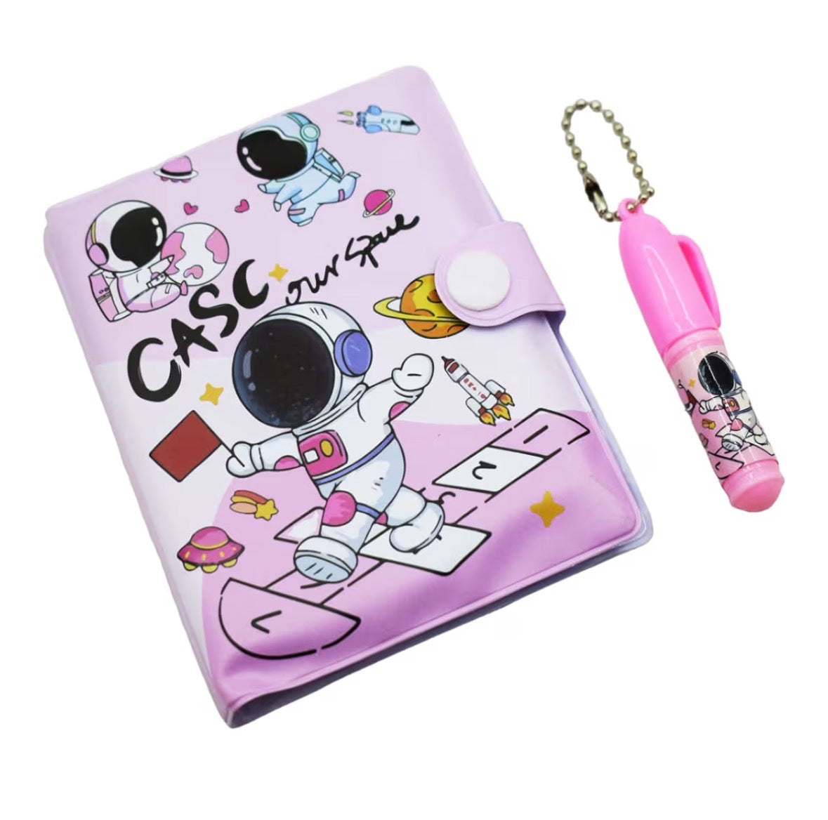 Purple space theme mini diary for kids with astronaut design and matching pen, perfect for ages 5 and up