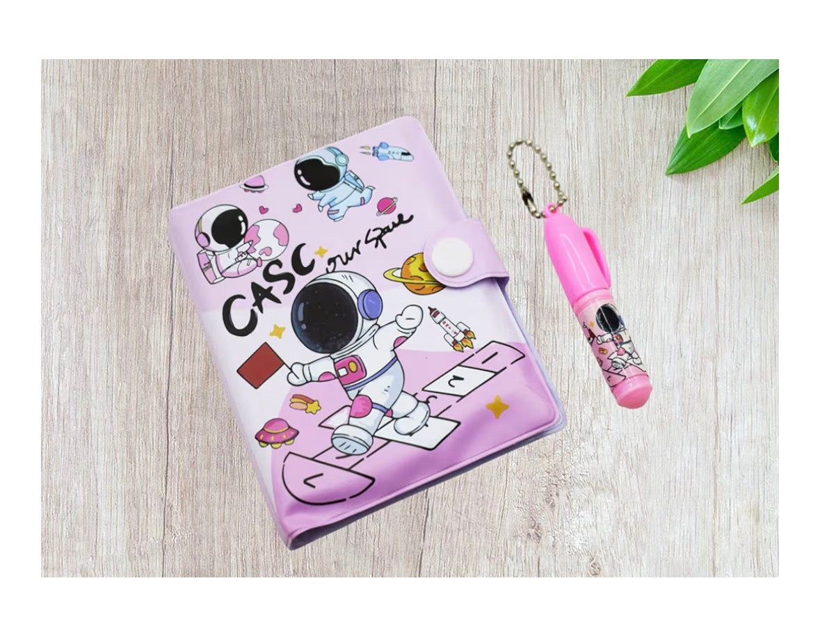 Space theme mini diary for kids in purple with astronaut design and pink marker for ages 5 and up