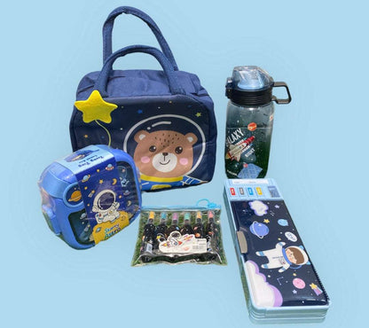 NIYO TOYS Space-themed gift hamper for kids featuring a stylish bag, water bottle, lunchbox, and art supplies