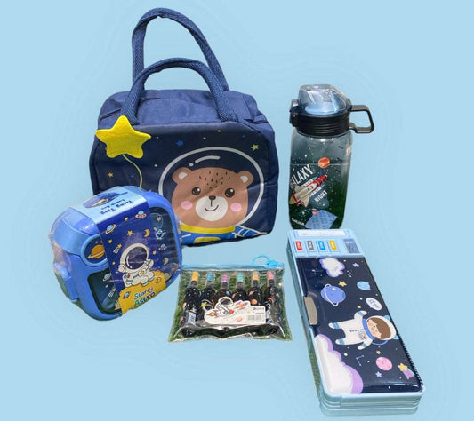 NIYO TOYS Space-themed gift hamper for kids featuring a stylish bag, water bottle, lunchbox, and art supplies