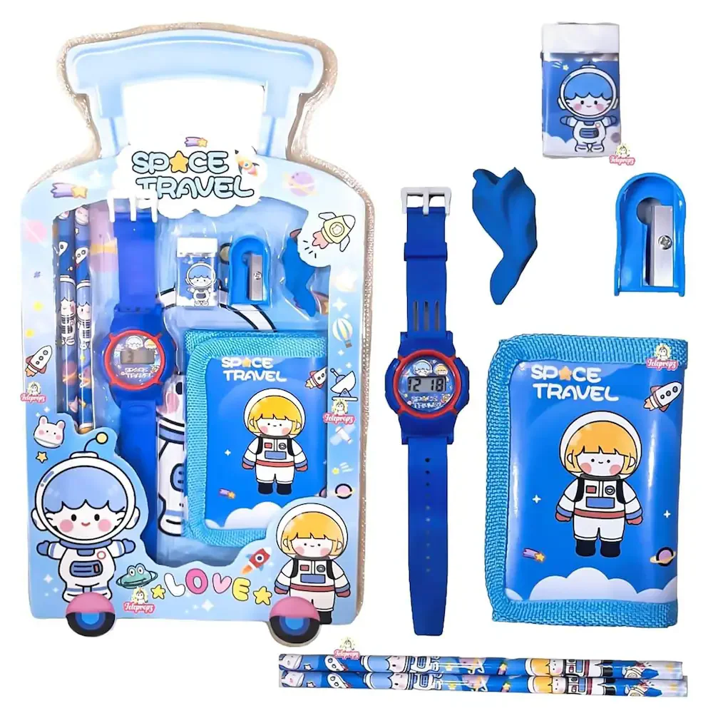 NIYO TOYS Space Travel Stationery Set with Blue Watch, Pens, and Accessories for Kids age 6+