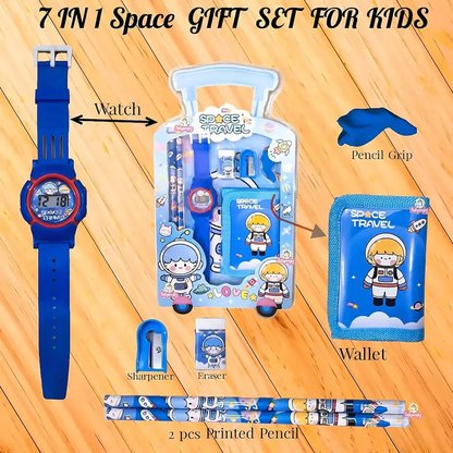 7 in 1 Space Gift Set for Kids, blue watch, pencils, sharpener, eraser, age 3+, perfect for creativity and fun