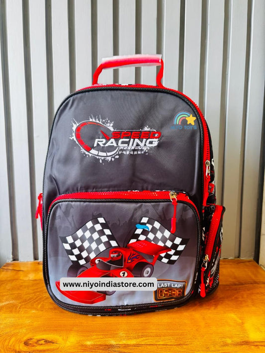 NIYO TOYS speed racing backpack for kids with vibrant race car design and checkered flags