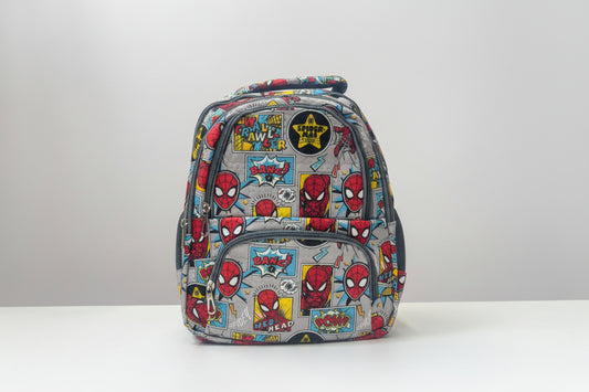 Spider Man backpack featuring colorful comic designs, perfect for kids ages 5 and up, great for school use